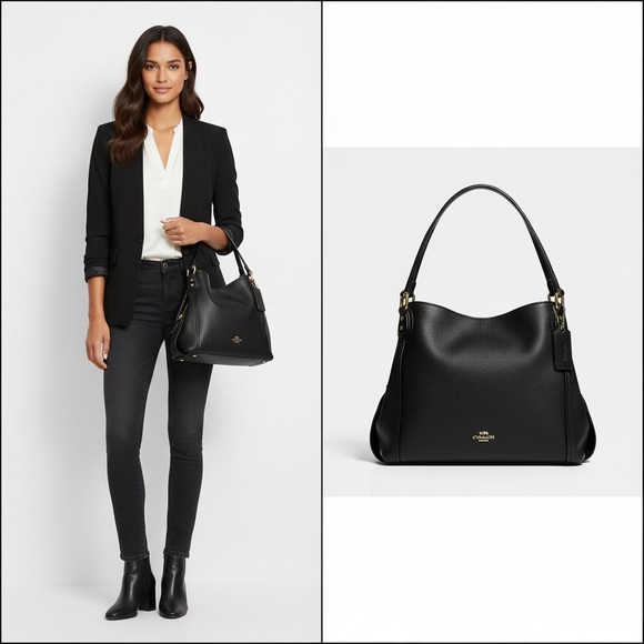 Coach Edie Pebble Leather Shoulder Bag-Black - Picture 8 of 8